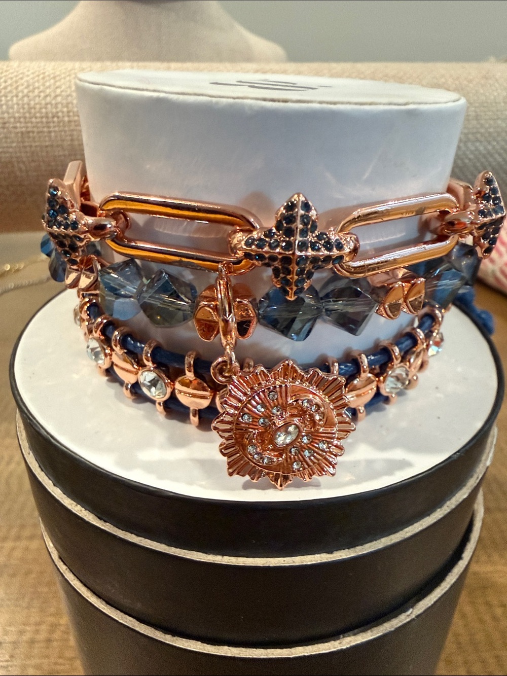 Rose Gold and Blue Crystal Charm Bracelet stack